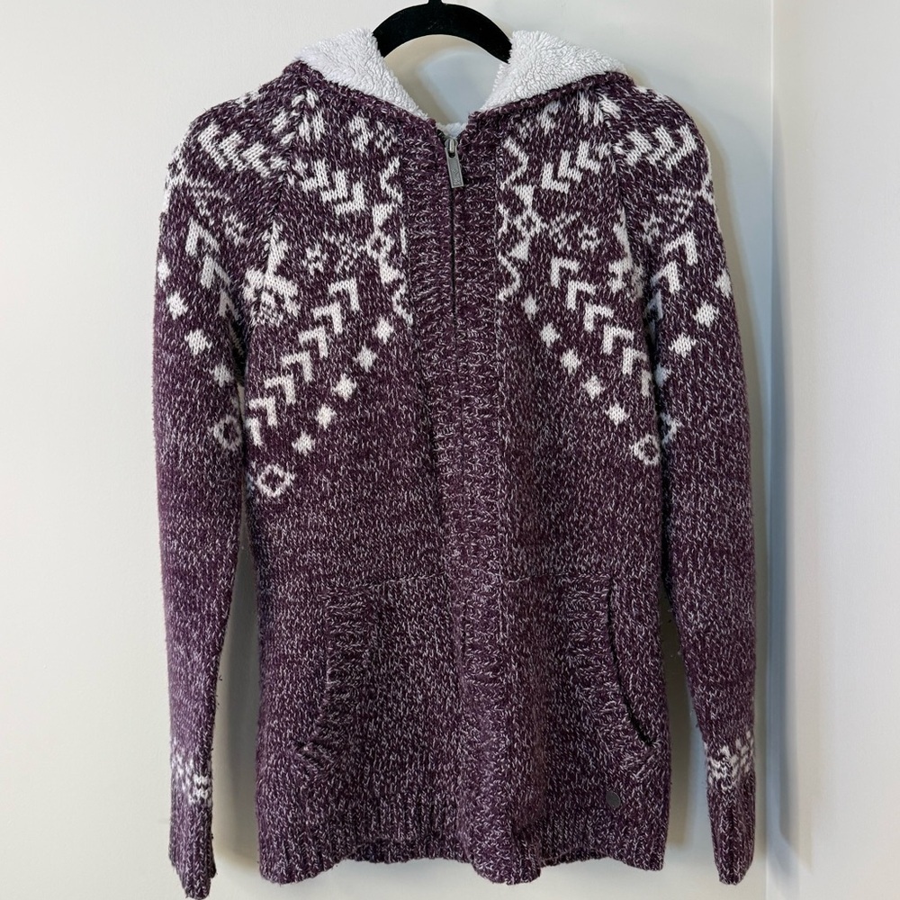 Kismet Purple Wool Zip-Up Hoodie Sweater Cardigan Nordic Pattern Fuzzy Hood
